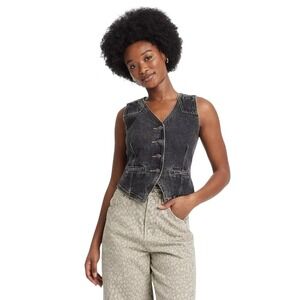 Universal Thread Women's Black Denim V Neck Button Front Vest Size 12